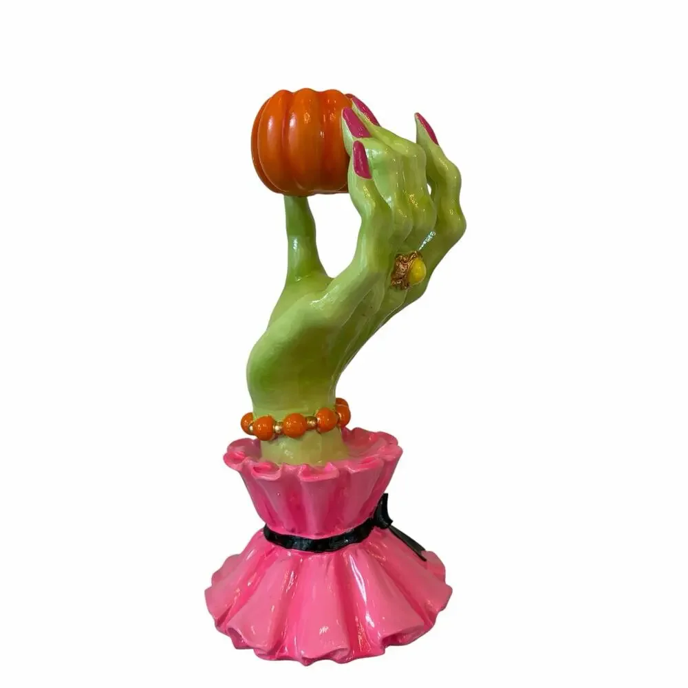 Broomstick Blvd Witch Hand Taper Candle Holders Set 2 Pink Green Halloween NEW